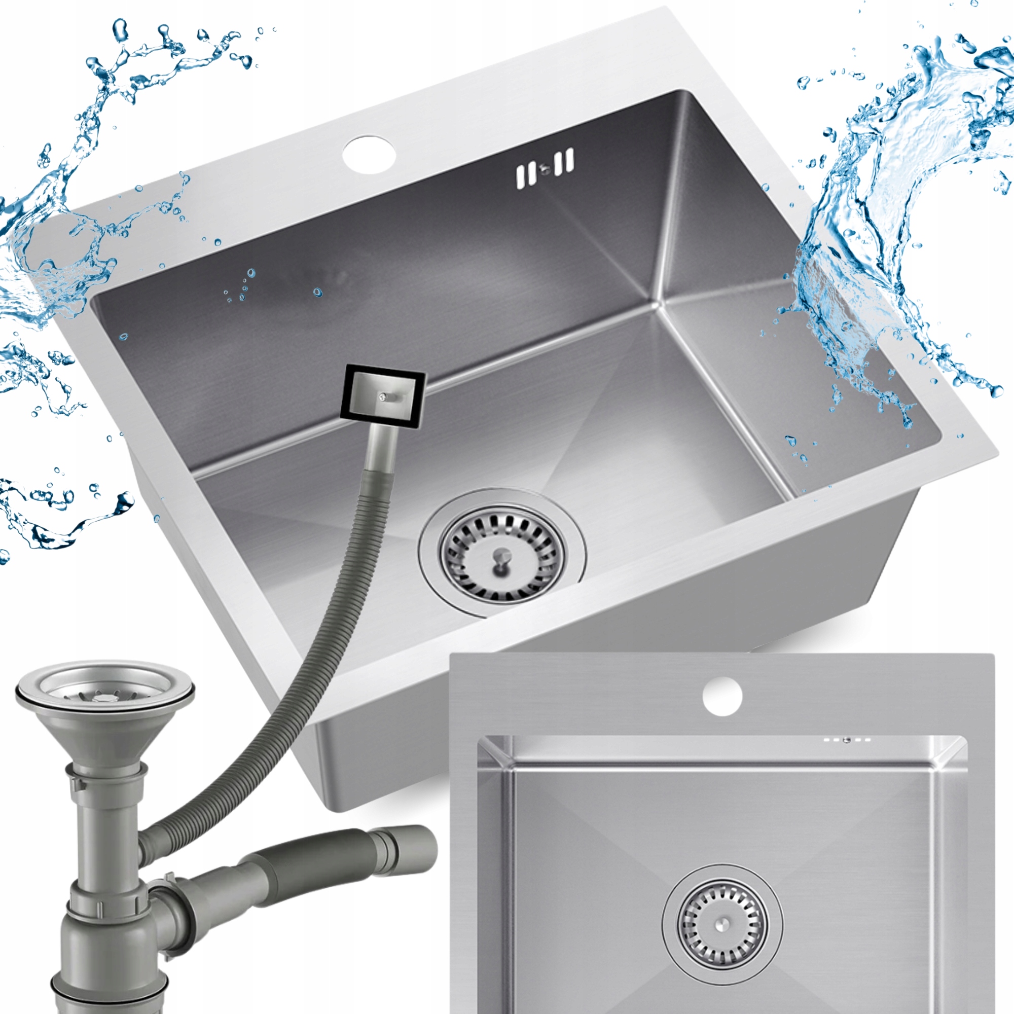 Ocelový dřez Jednokomorový dřez dlouhý sifon Sítko 6v1