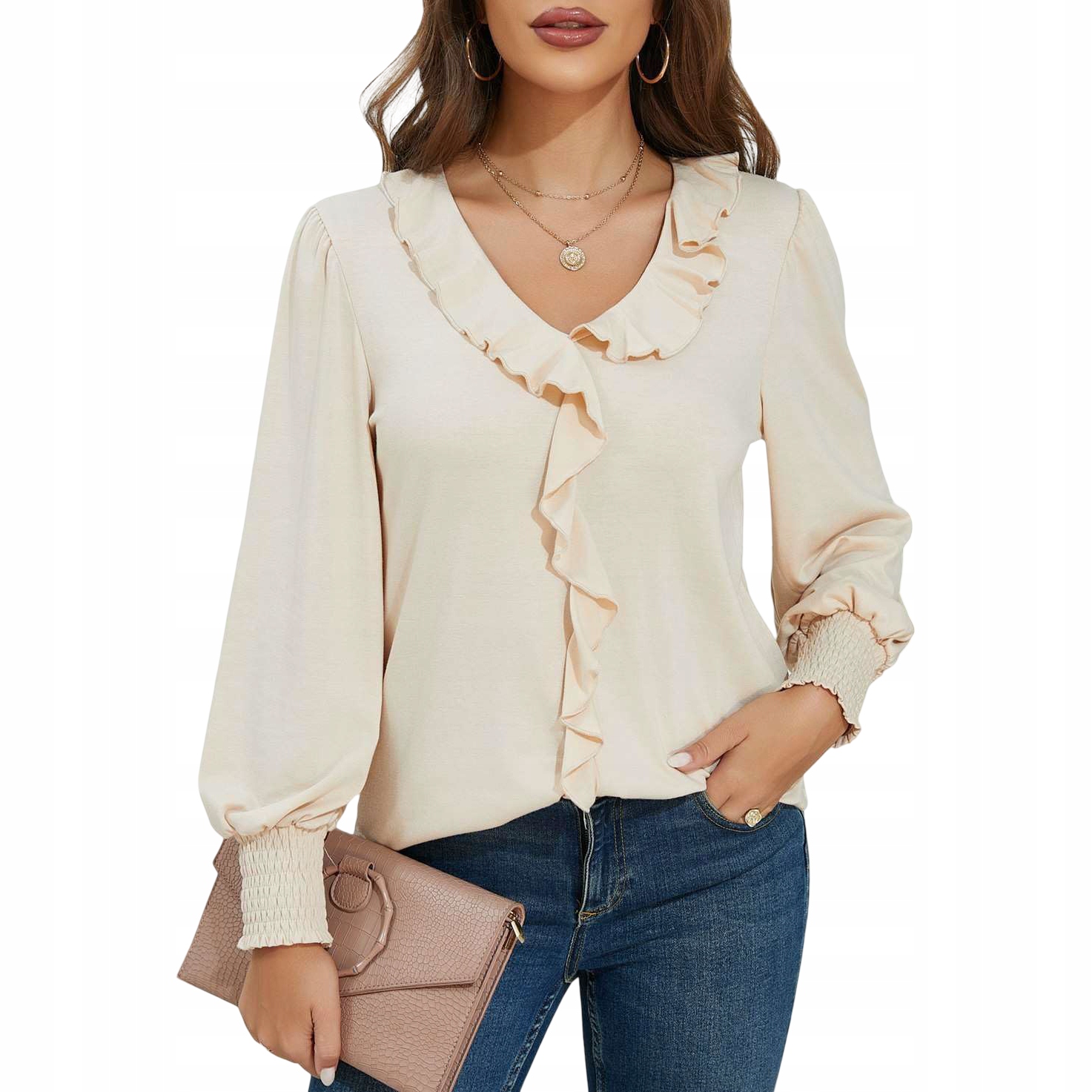 Dámská halenka Dekolt V Bufiaste Rukávy Elegantní Stylová Vintage Béžová M