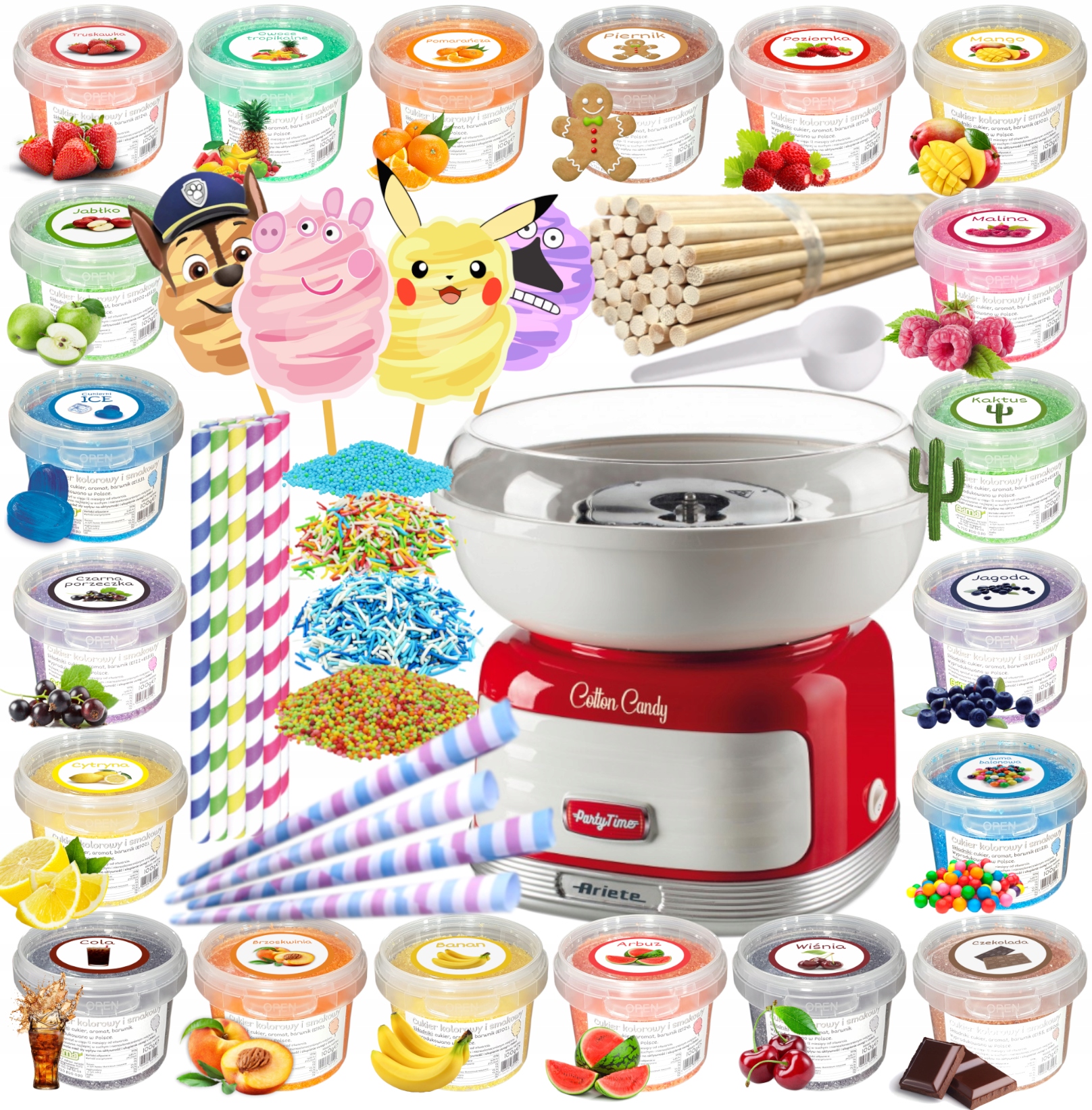 Stroj na cukrovou vatu+ Cukr 20x 100g Kbelík barevný doplňky Sada