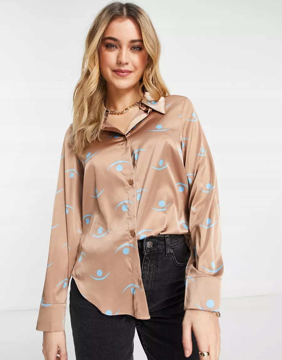 BEŻOWA PROSTA SATYNOWA KOSZULA DAMSKA XS VAF