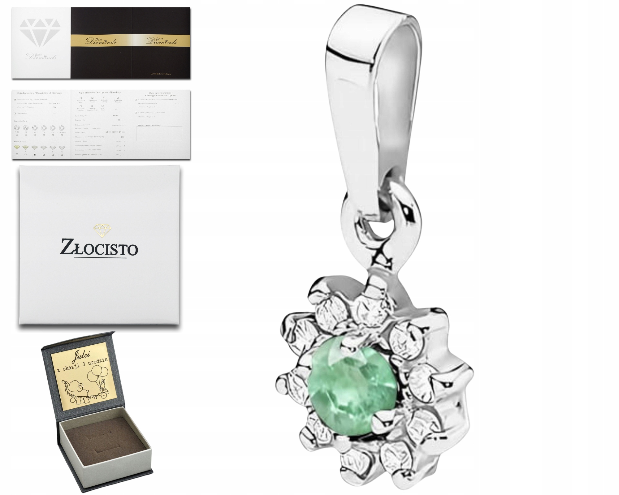 Białe Złoto Zawieszka Ze Szmaragdem I Diamentami Złoto 585 Grawer