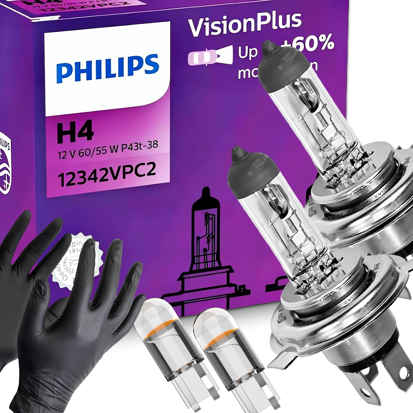 Żarówki Philips H4 Vision Plus 60 12V 60/55W Homologacja W5W Led Rękawiczki
