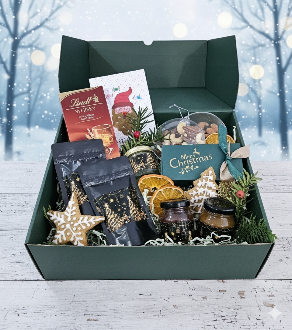 Levně Vánoční Dárková Sada Koš Káva Čaj perníčky Čokoláda