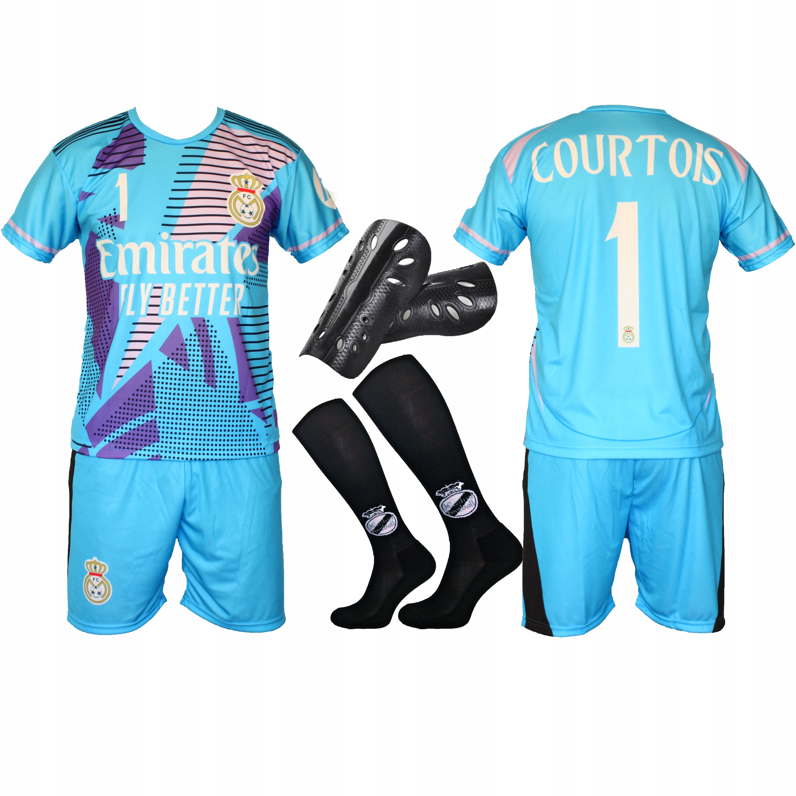 Strój Piłkarski Courtois zielony koszulka spodenki getry ochraniacze 146