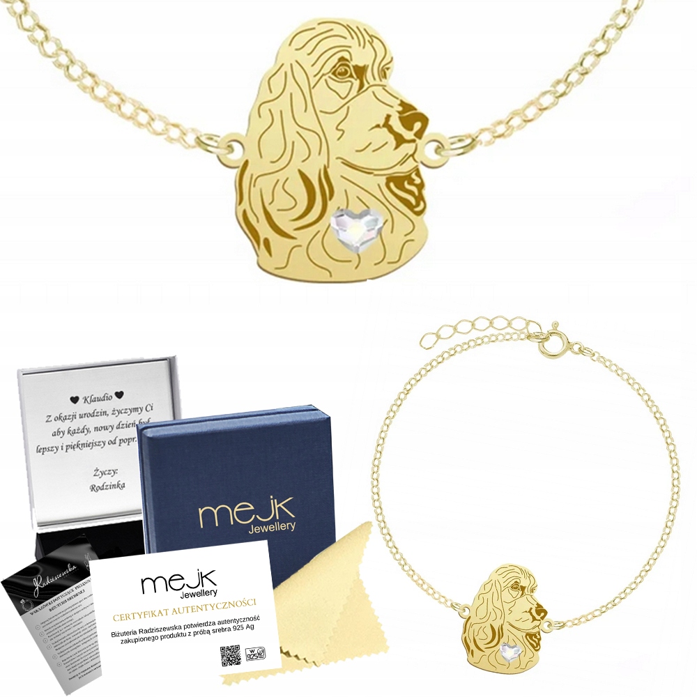 Zlatý náramek s psem Kokršpaněl anglický 925 Žena Gravírování Bonus