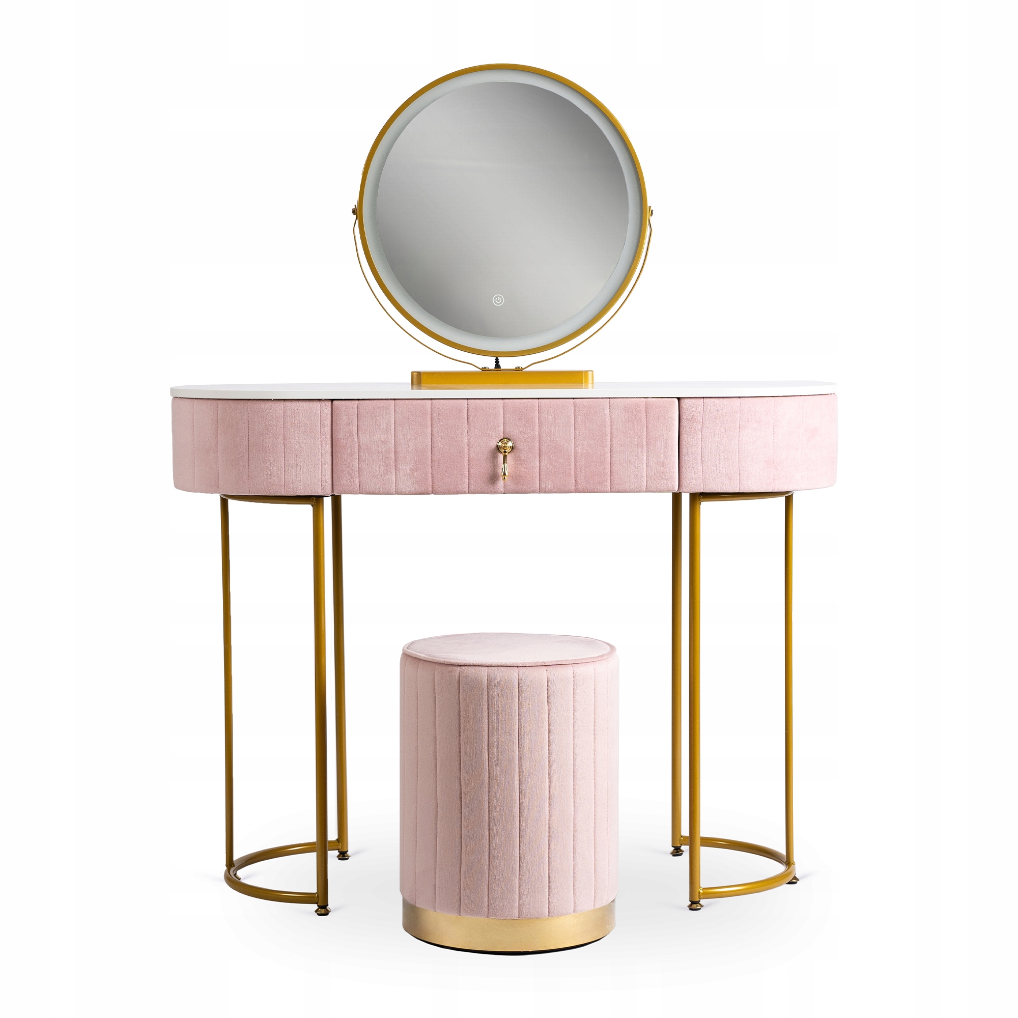 Toaletní Stolek se zrcadlem Ashley Růžový s zásuvkou a taburetem