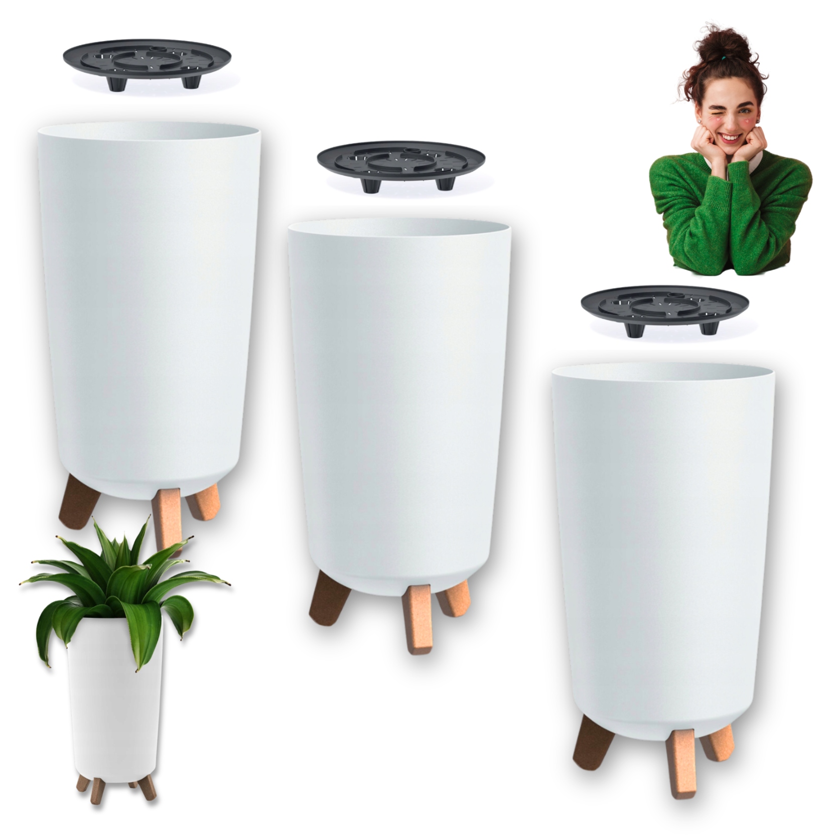 Donice Do Salonu Z Wkładem Zestaw 3 Szt. Duże Doniczka Wysoka Okrągła Biała