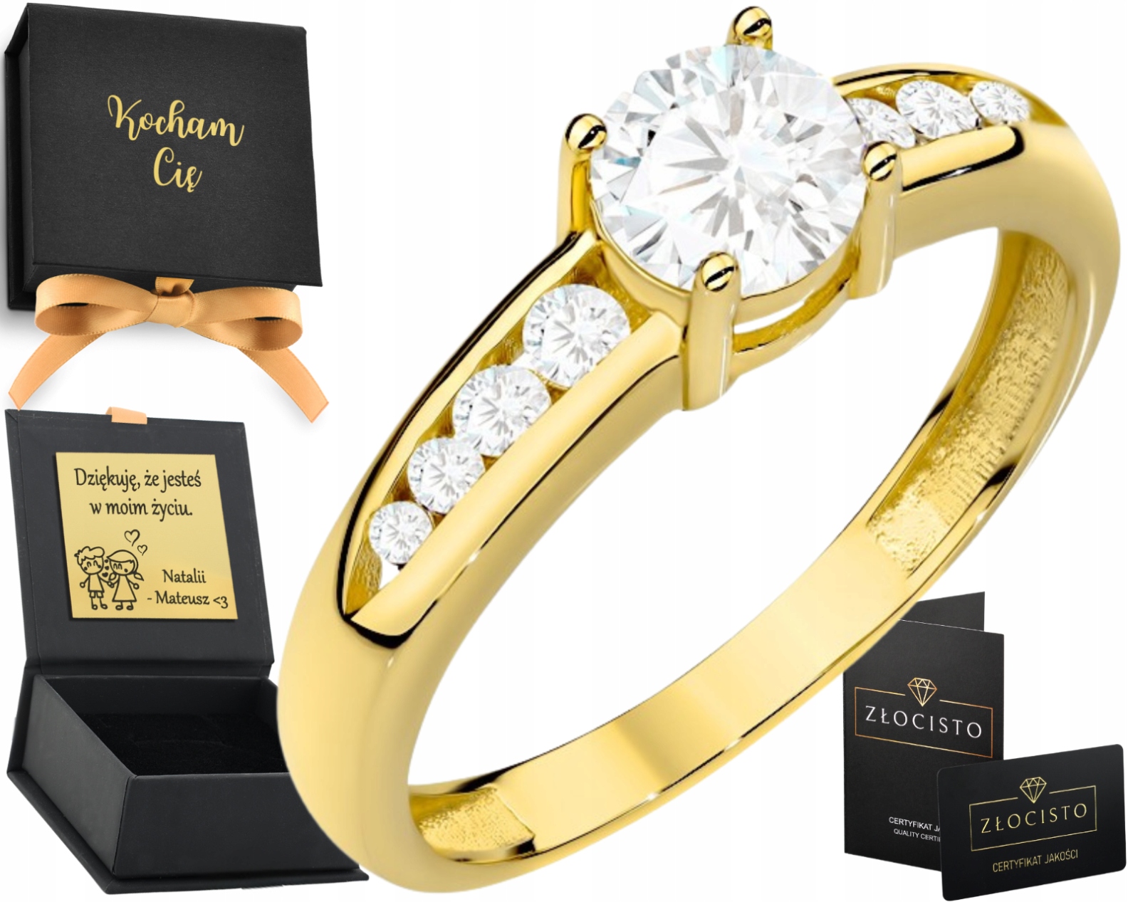 Prstýnek s centrální zirkonií a menšími zirkony na kolejnici