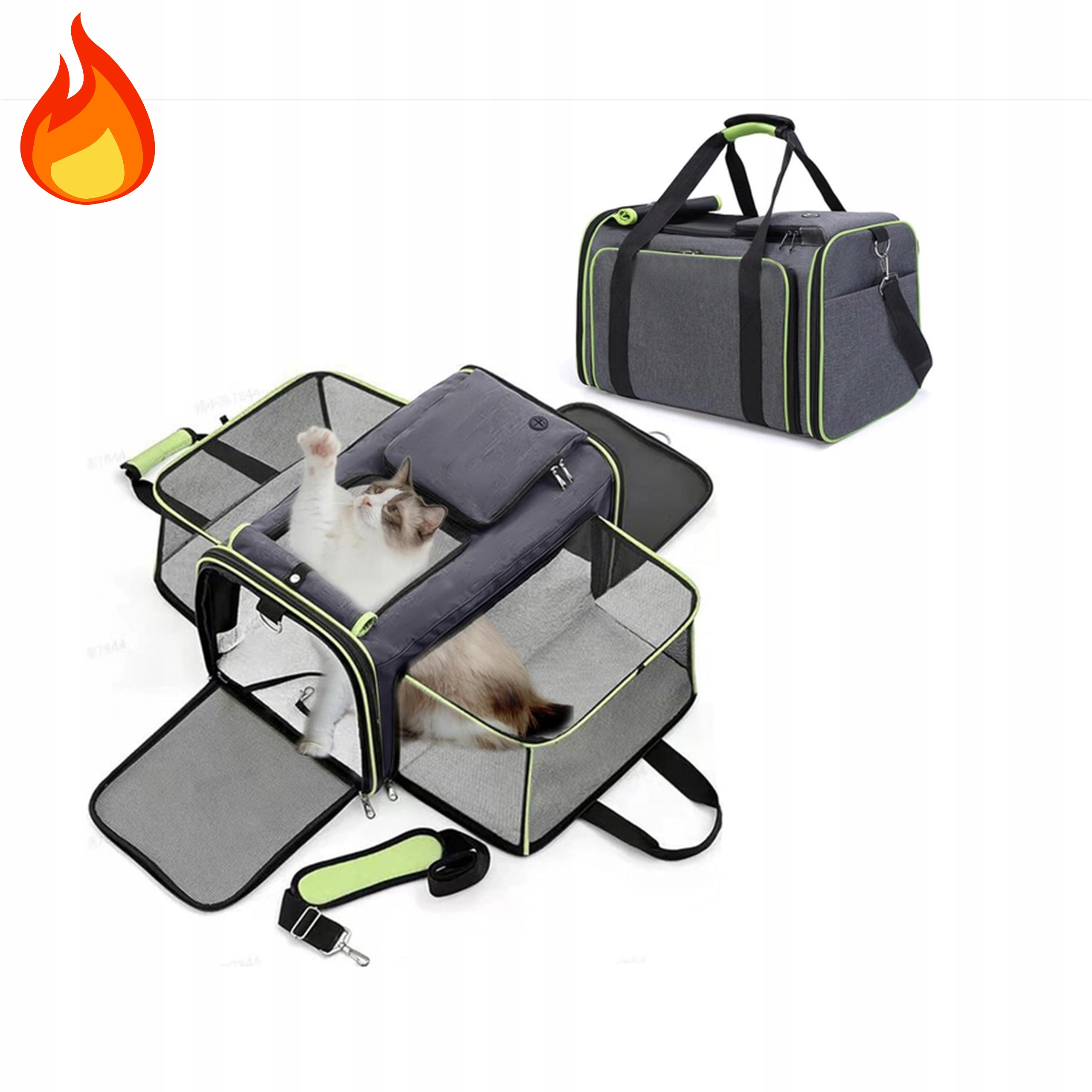 Přenosný Šedý Nosítko Se Zelenou Obroučkou Pro Malá A Střední Zvířata