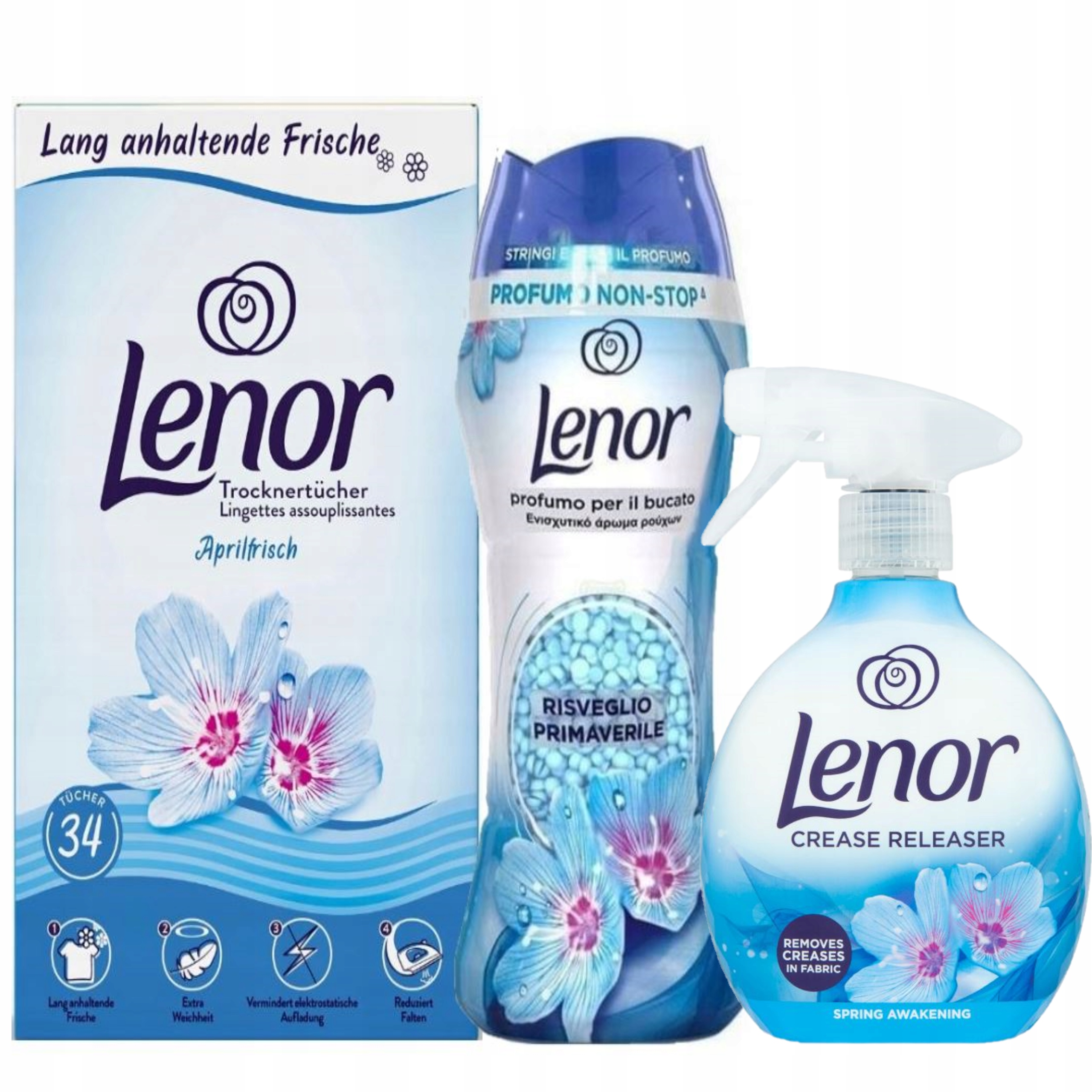 Levně Lenor Aprilfrisch Ubrousky do Sušičky 34ks Perličky 210g Žehlička 500ml