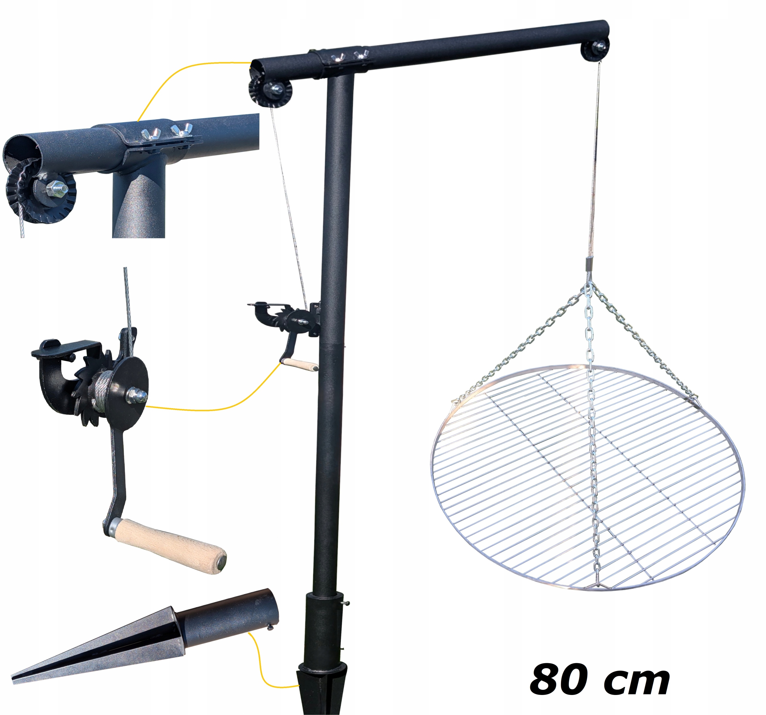 Grill Ogrodowy Żuraw Na Wysięgniku Ruszt Nierdzewny 80CM Trójnóg Z Uchwytem