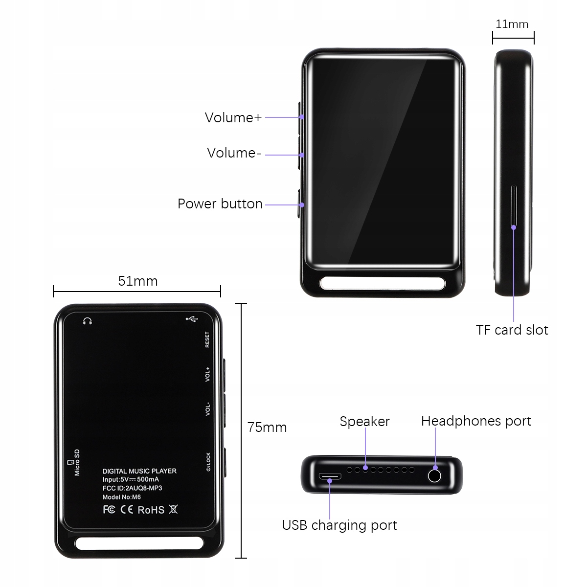 Odtwarzacz MP3 16GB 2.4 inch Bluetooth 5.0 HiFi FM Polski Marka bez marki