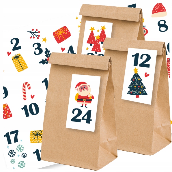 KALENDARZ ADWENTOWY - MIKOŁAJ - TOREBKI + NAKLEJKI ZESTAW