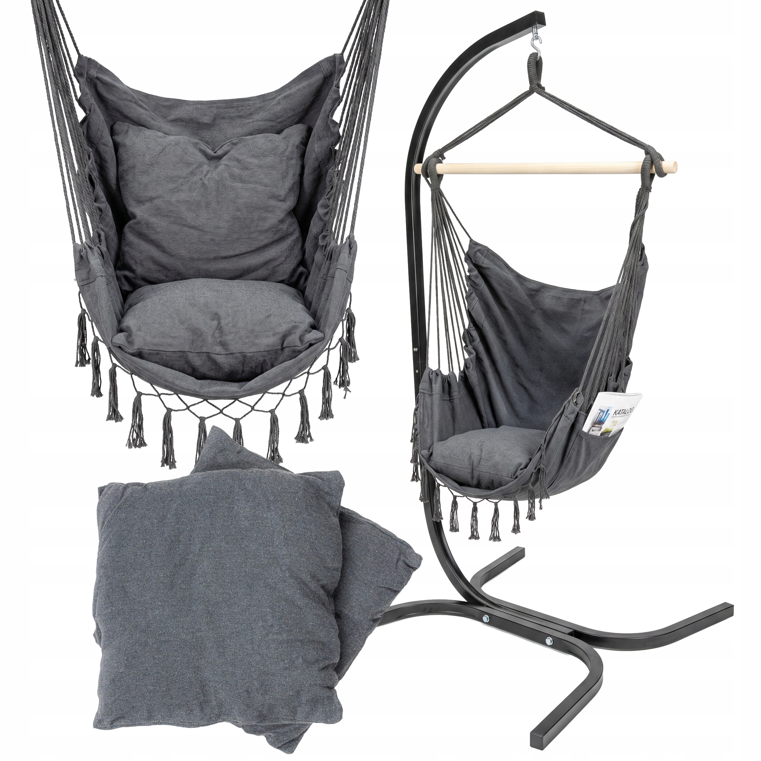 Závěsné Křeslo Kokon Brazilský Zahradní S Rámem 2X Polštář Šedý