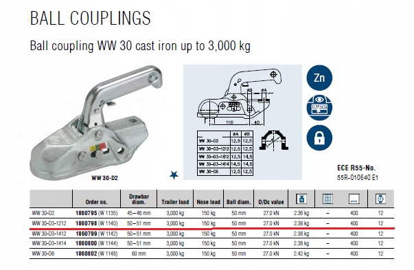 Zaczep kulowy Winterhoff 3000kg fi50 Marka Winterhoff
