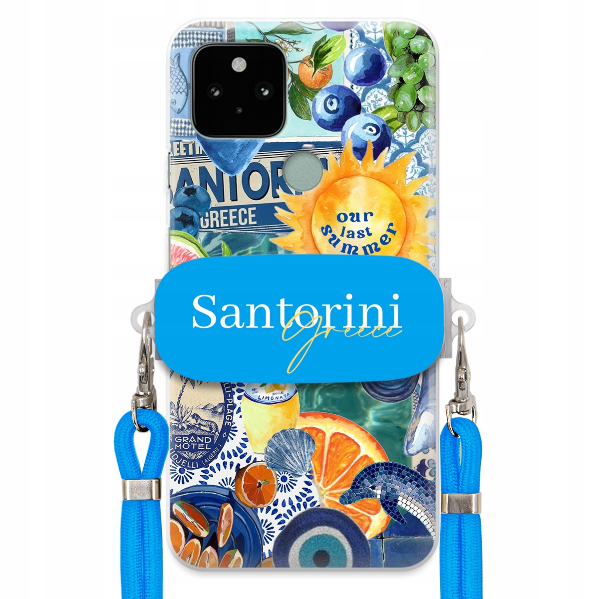 Puzdro pre Google Pixel 5A Modré Crossbody vodítko držiak Santorini Greece