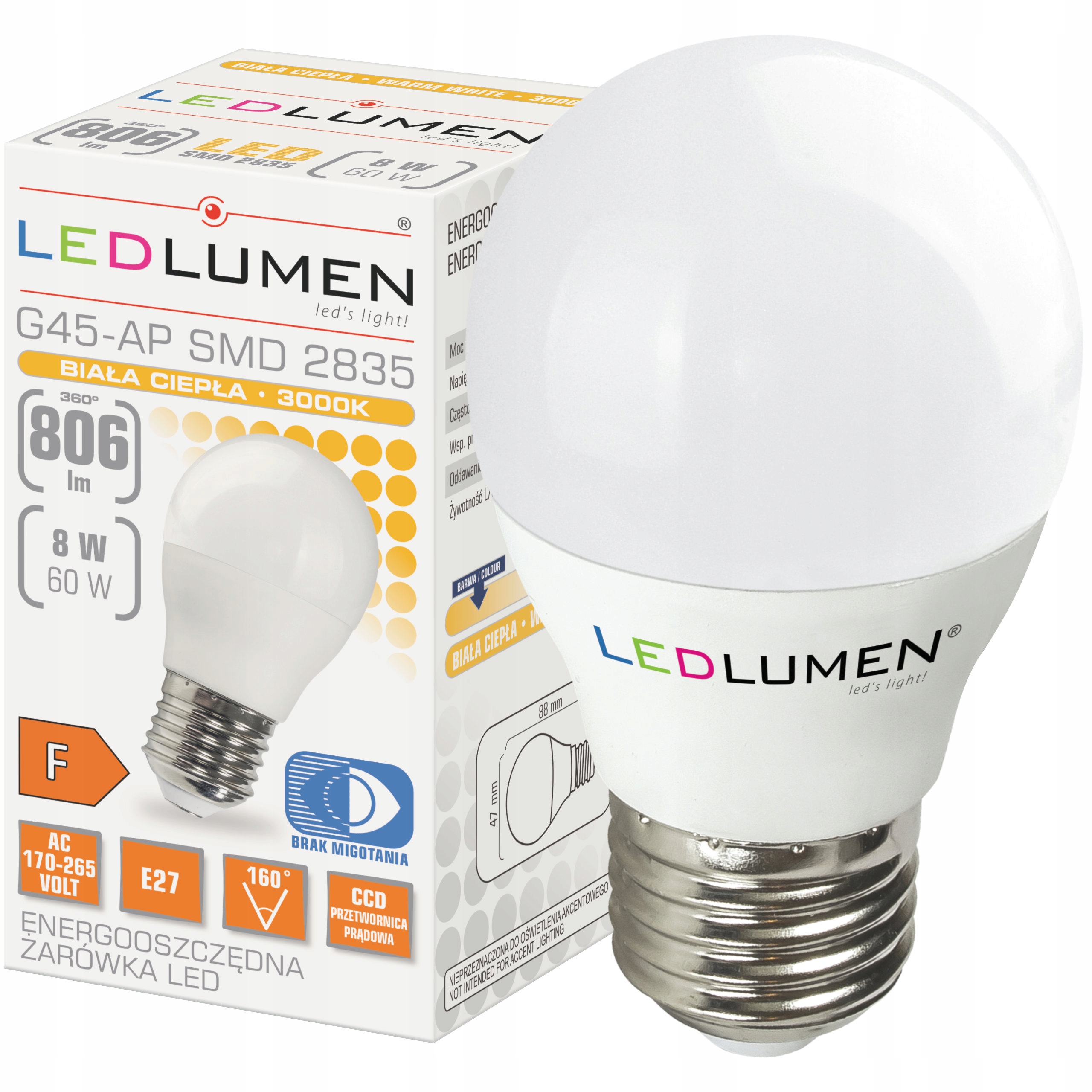 

Żarówka Led E27 Kulka 8W=60W 806lm CCD Ledlumen