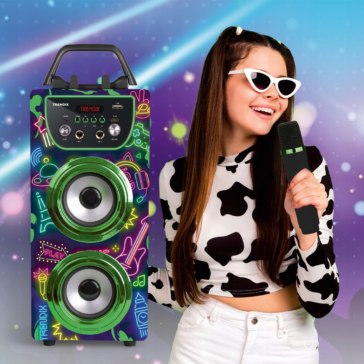 TRENDIX Karaoke Dla Dzieci Neon Świat Z 2 Mikrofonami Różowy Bluetooth USB — miniatura 4