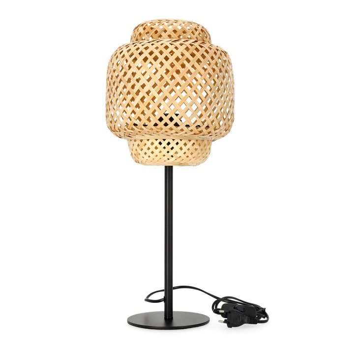 Lampa Stołowa 1xE27 Klosz Bambusowy 22cm Czarna Konstrukcja Pleciona