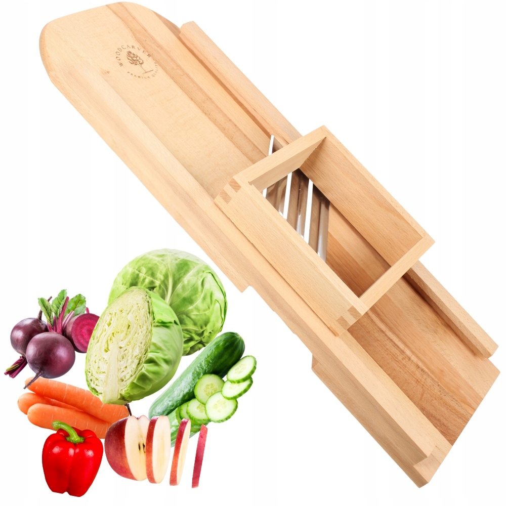XL Kráječ Zelí Dřevěný 3-NOŽOVÝ Nerezová Ocel Zásuvka Gravírování