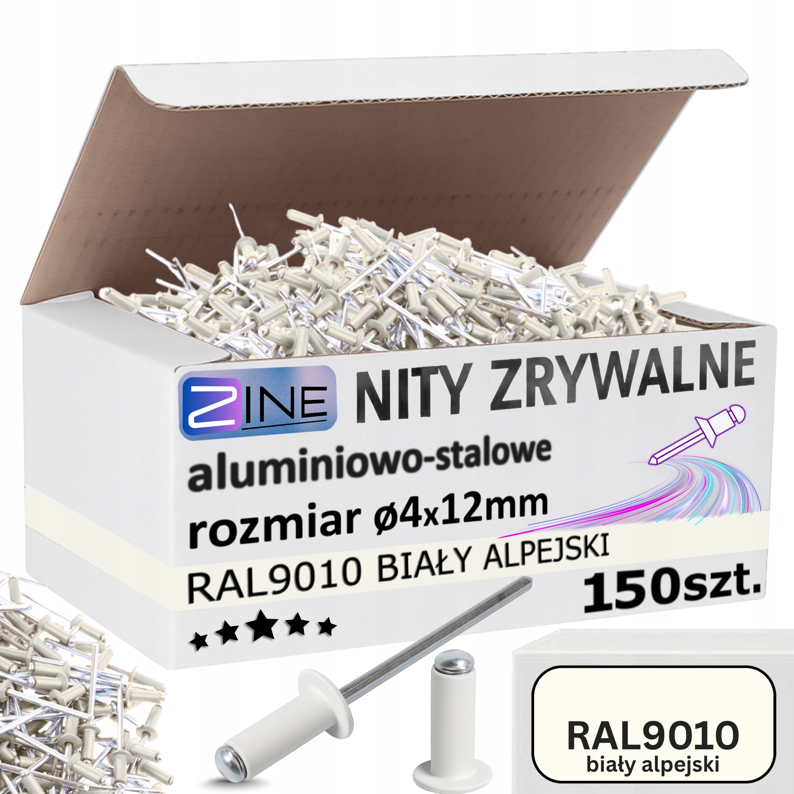 Nity Zrywalne 4x12mm Biały Alpejski Kolor Ral 9010 Białe Zine 150 sztuk