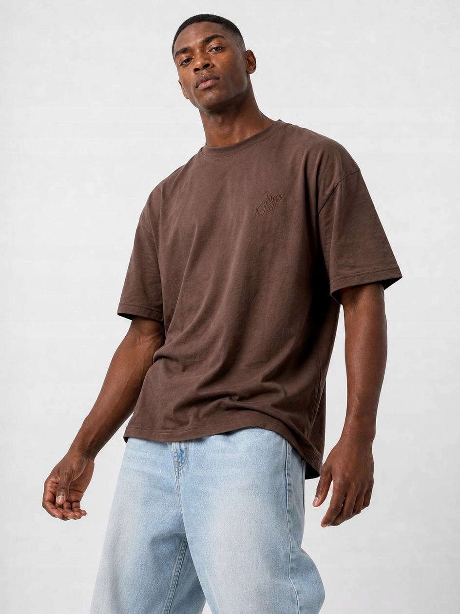 Tričko Oversize Tričko Pánské Hnědé Jigga Široké Volné Výšivka Logo XL
