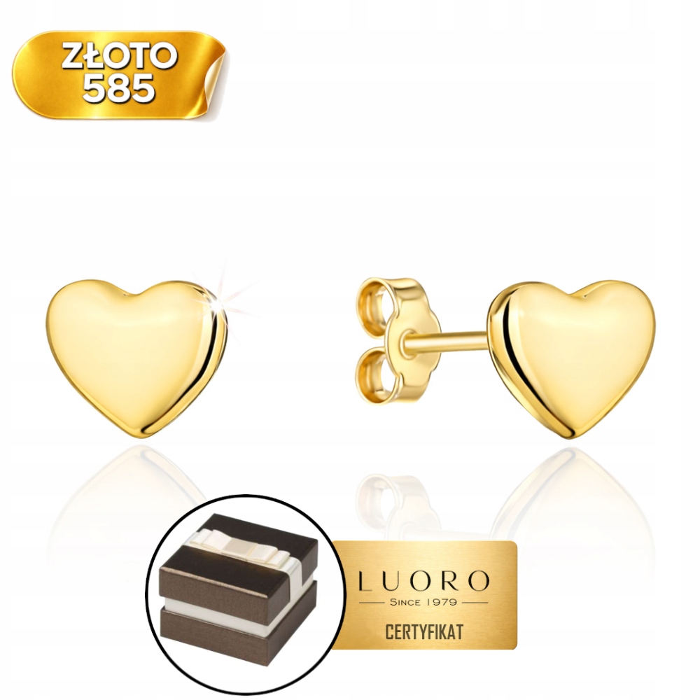 Náušnice Zlaté 585 14K Srdce Hladké Tyčinka 0,9 CM Elegantní