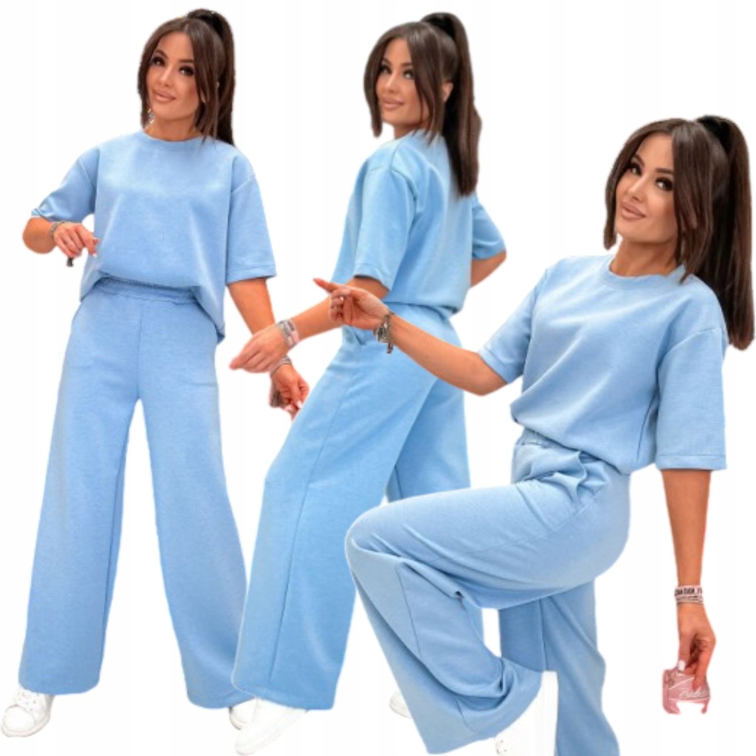 Komplet Dresowy Damski Masełko Szerokie Spodnie Bluzka Oversize Błękit L/XL