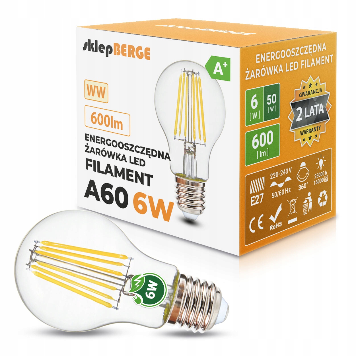 

Żarówka Led E27 6W filament edison retro ozdobna