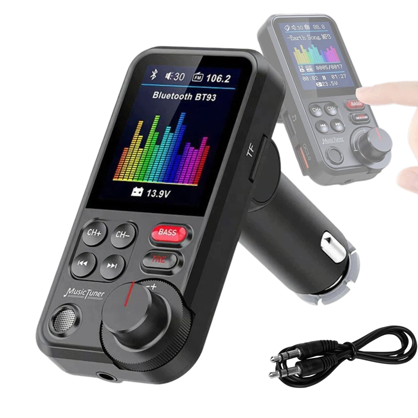 Bluetooth Fm Vysílač Handsfree Sada QC3.0 Sd Bass Velký LCD 24V