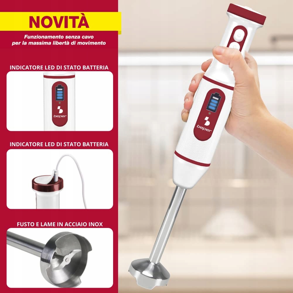BEPER P102FRU300 Bezprzewodowy Blender Ręczny USB Czerwony Biały — miniatura 4