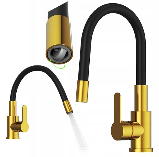 Zlatá kuchynská batéria Grado Plus s flexibilným otočným výtokom a perlátorom