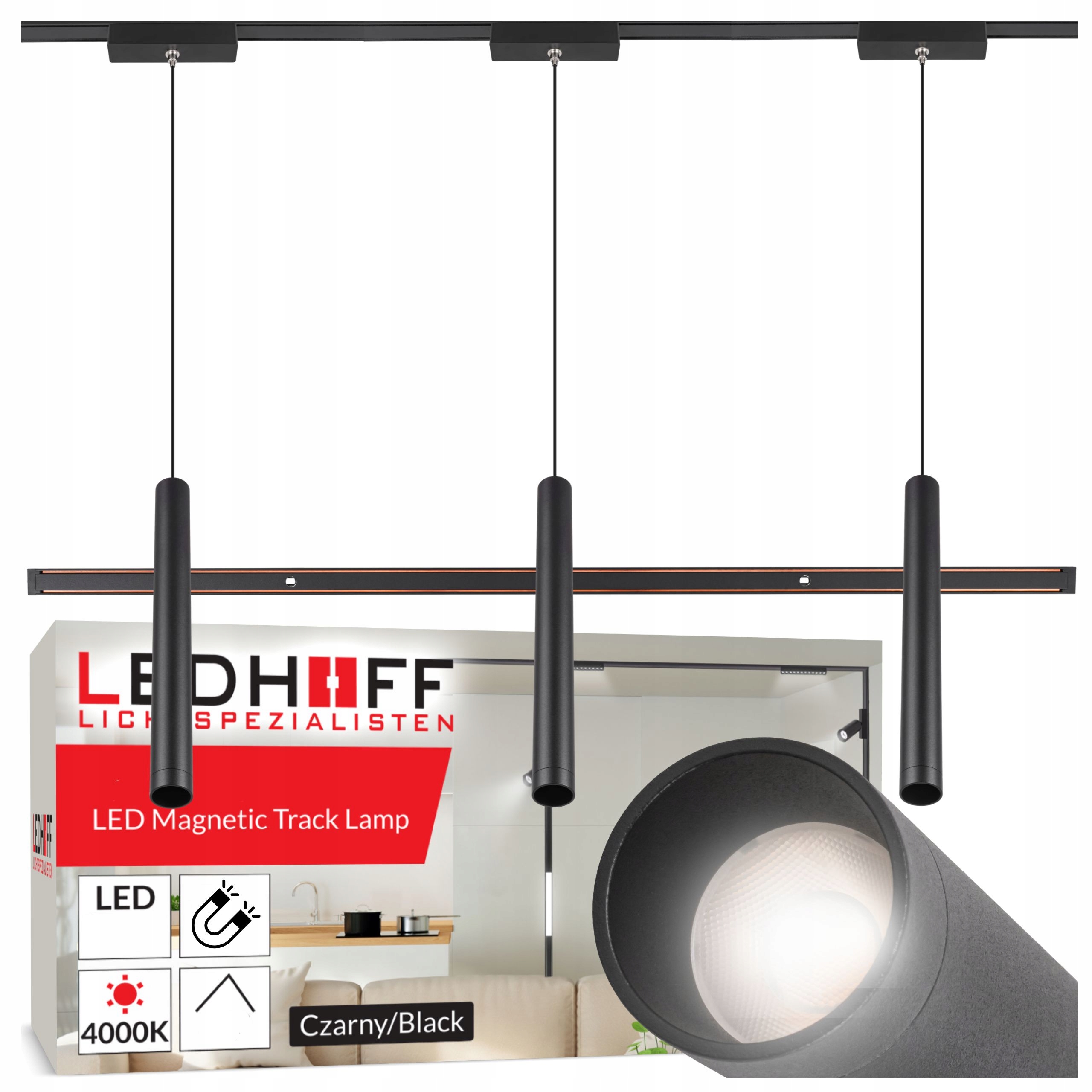 Magnetické koľajnicové osvetlenie Koľajnica 1m 3x závesné Led svietidlo Tuba čierna