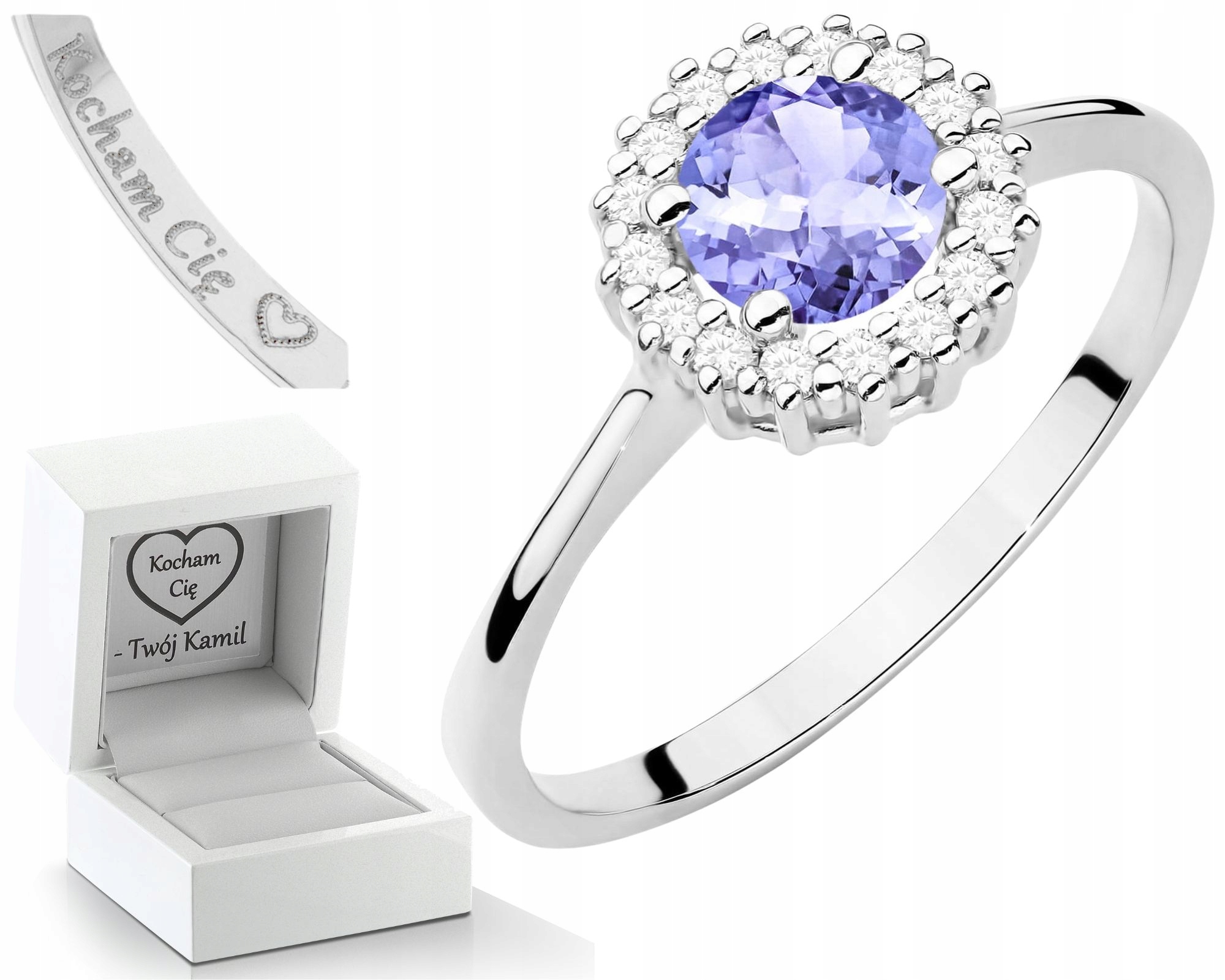 Prstýnek Z Bílého Zlata S Tanzanitem A Diamanty 585 14K Dárek