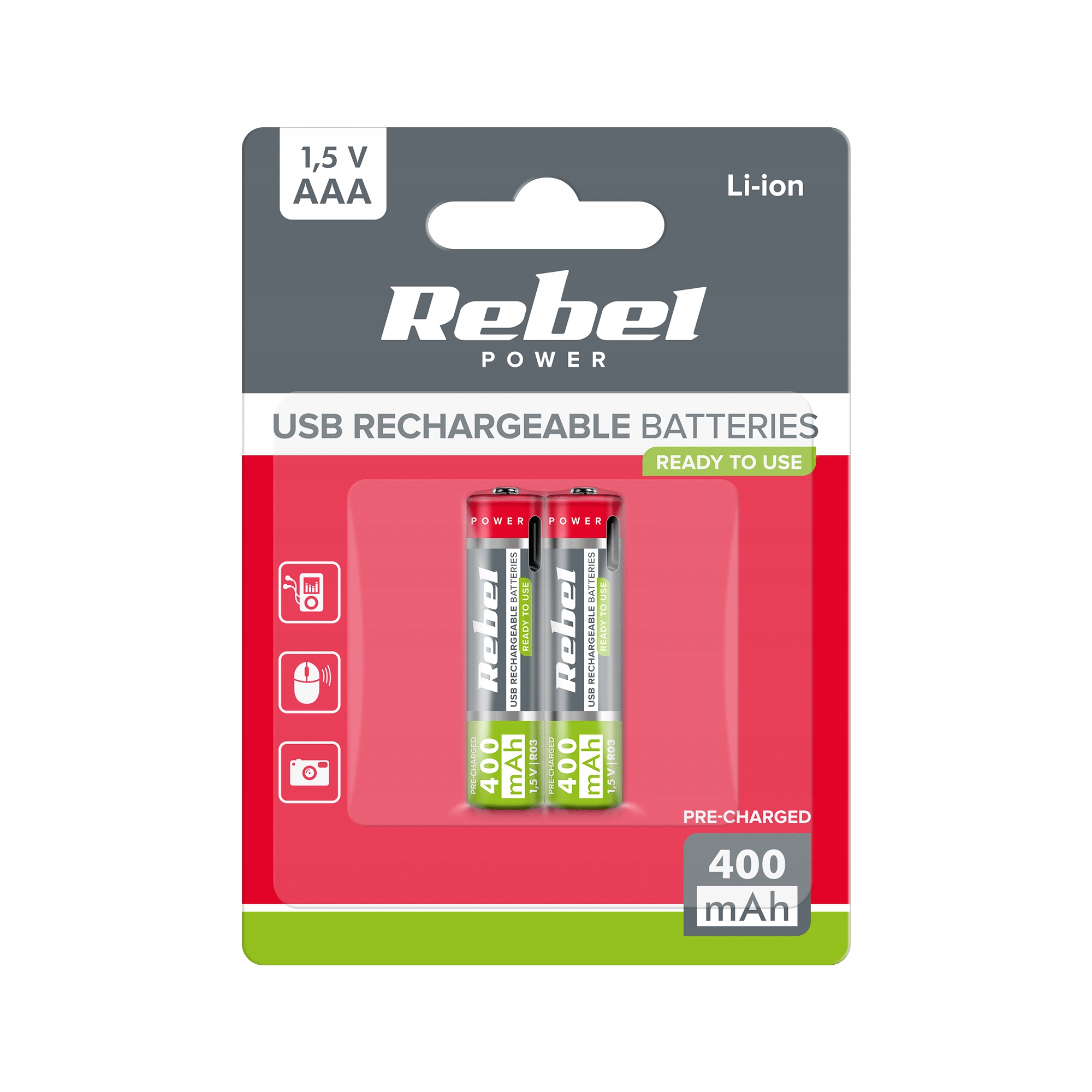 Akumulatorki AAA,400 mAh, Li- ion, 1,5V, 2szt/ bl, R3, gniazdo typ C Rebel