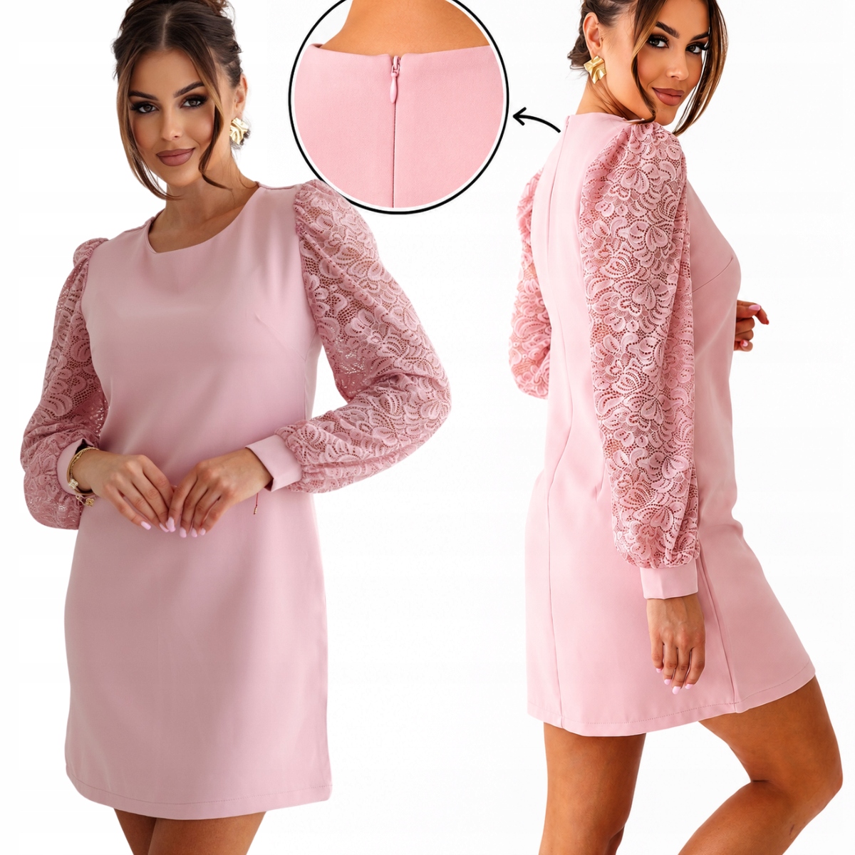 Šaty s krajkovými rukávy, pudrové, klasické, 821163 Grace, M