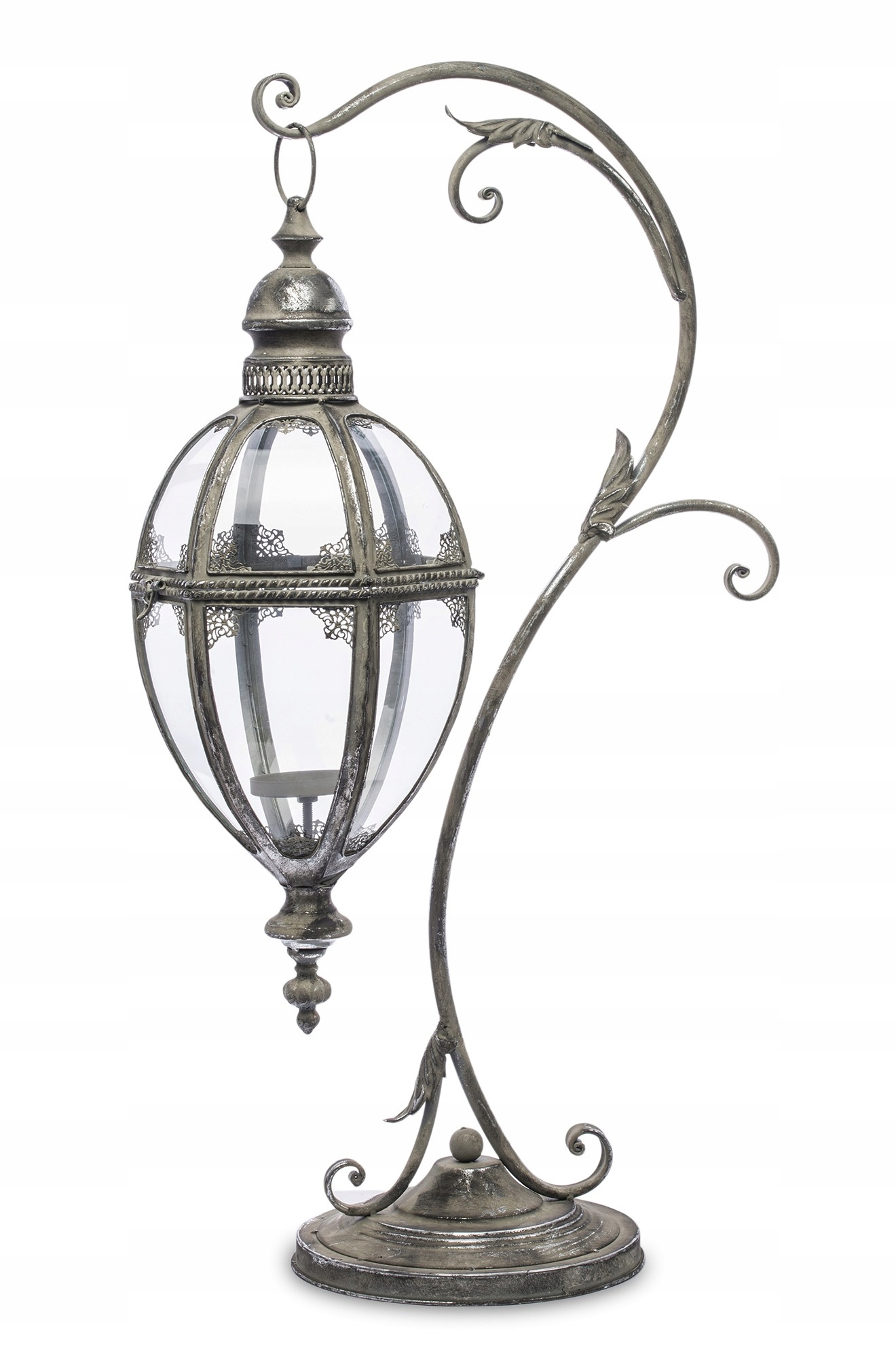 Lampáš Strieborný kovový so skleneným klasom na stojane – Elegantná Dekorácia