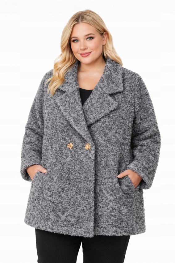 Kabátová bunda Teddy Bukla šedá teplá Plus Size elegantní 50 52 6XL