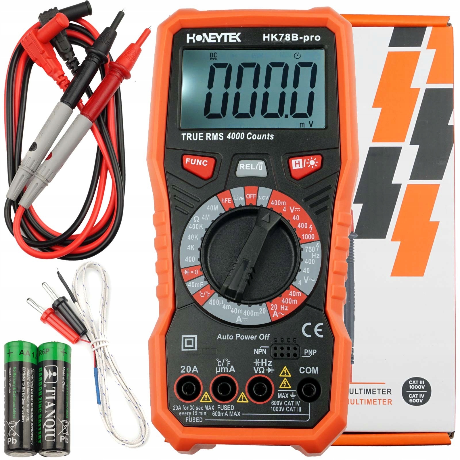 Digitální multimetr Honeytek HK78B Pro 4000 čísel Ncv Cat III 1000V Trms