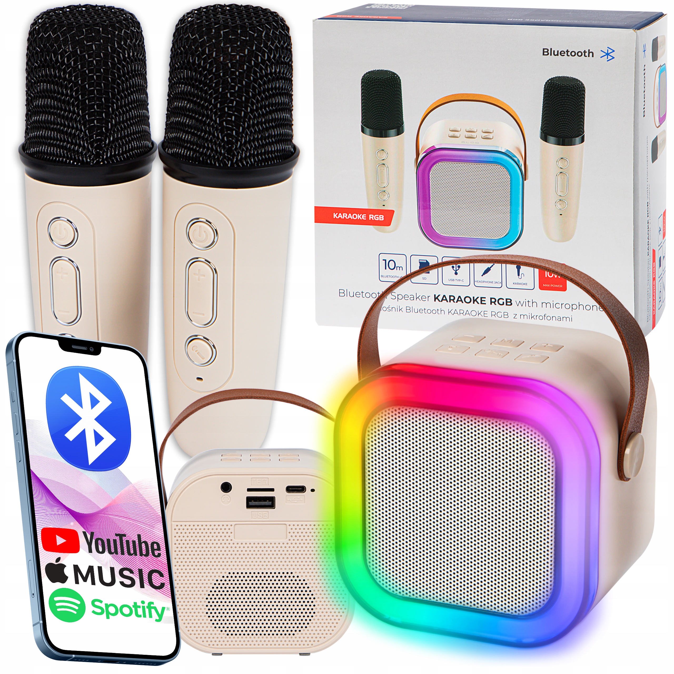GŁOŚNIK KARAOKE BLUETOOTH RGB 2 MIKROFONY PRZENOŚNY USB SD MINI JACK ZESTAW