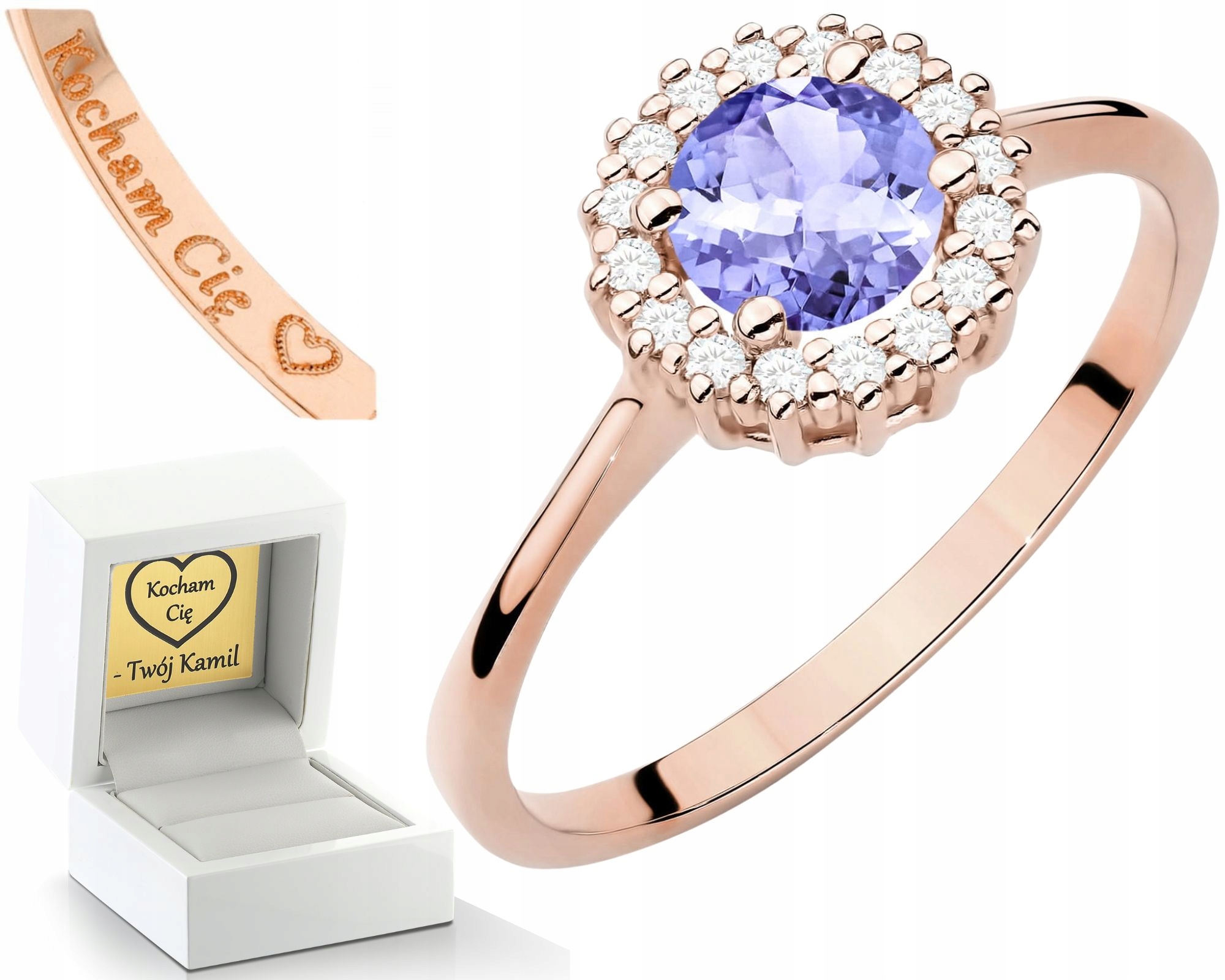 Růžový Zlatý Prstýnek S Tanzanitem A Diamanty 585 14K Dárek