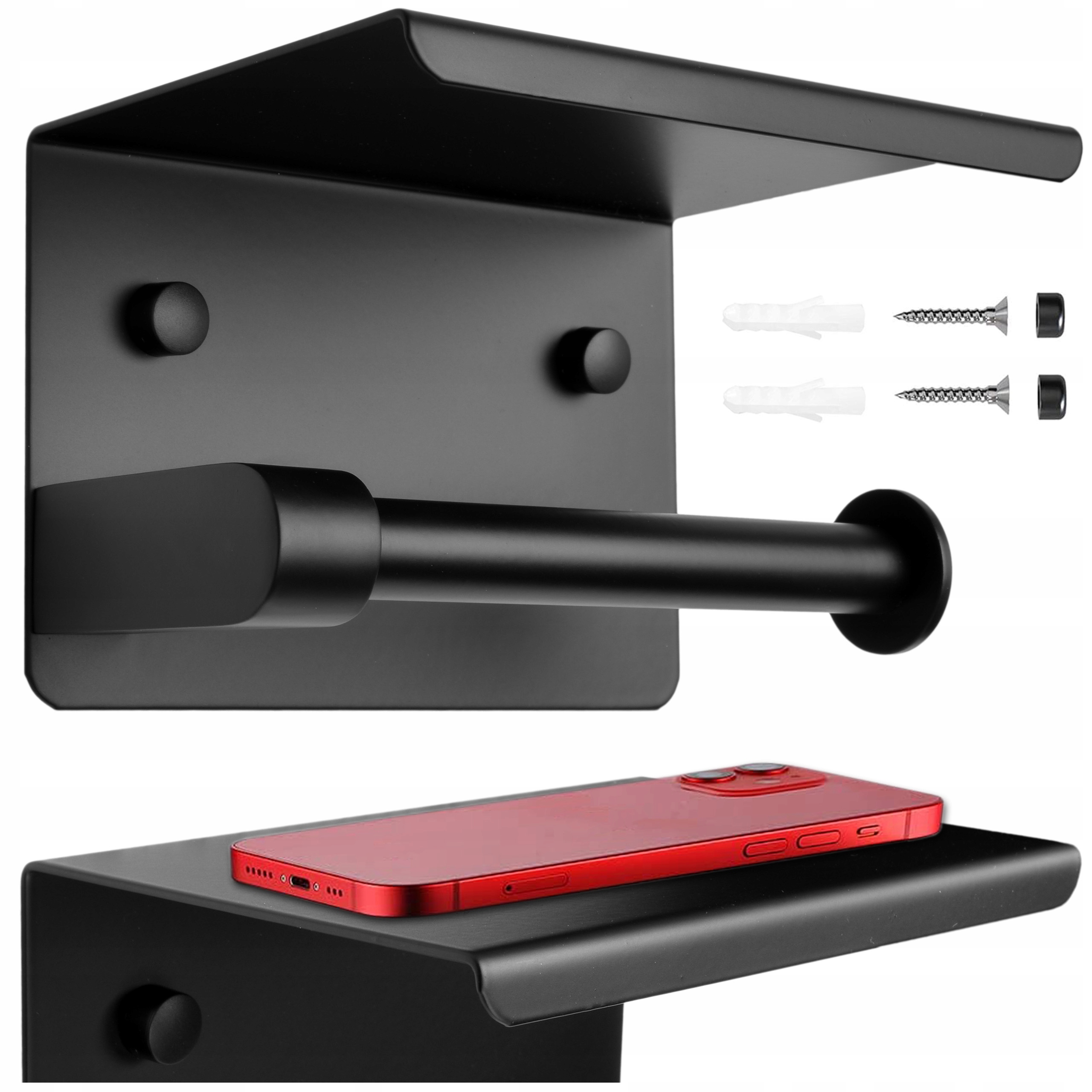 UCHWYT NA PAPIER TOALETOWY Z PÓŁKĄ NA TELEFON CZARNY LOFTOWY ŁAZIENKOWY