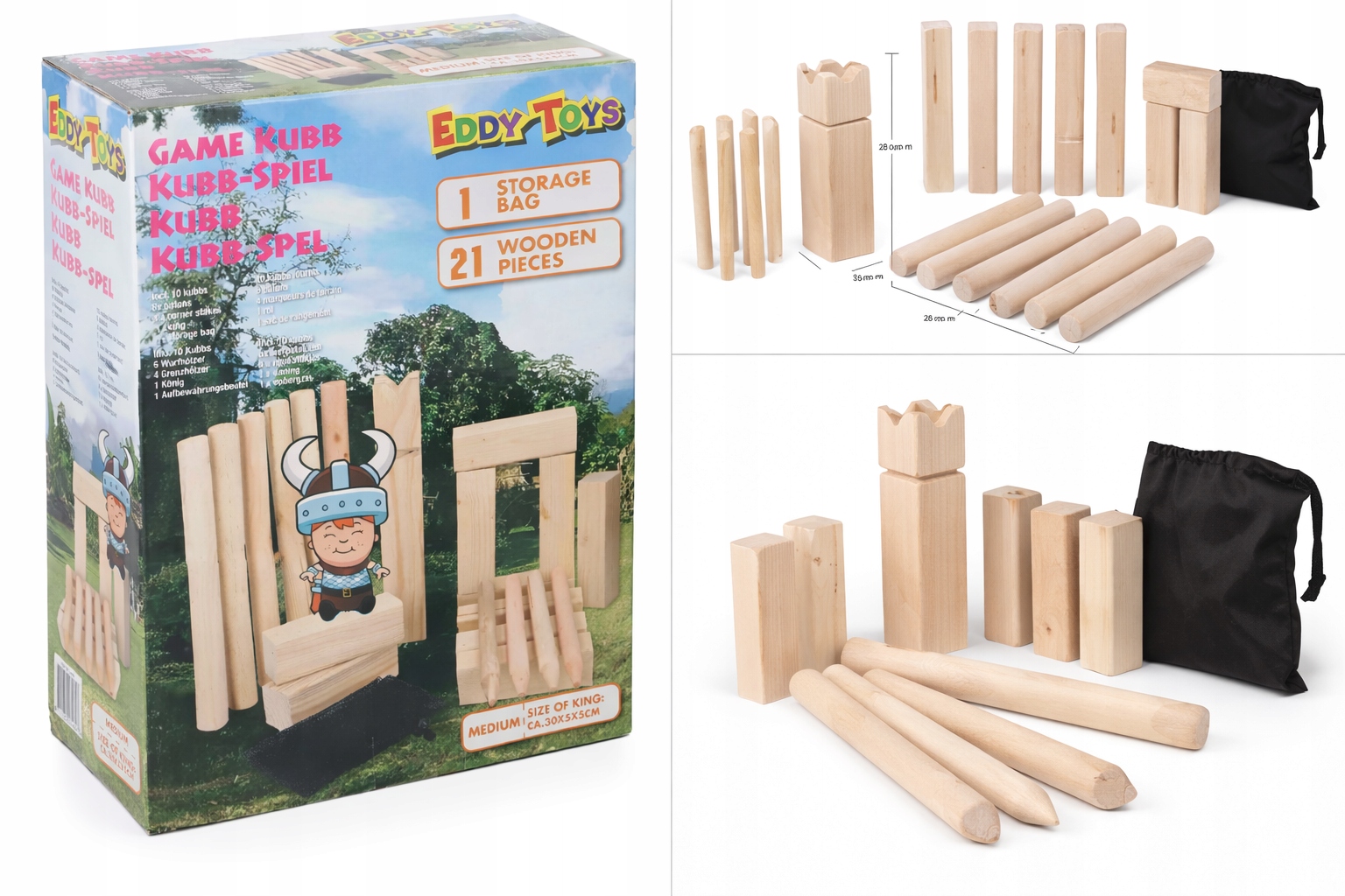 Gra ogrodowa Kubb Eddy Toys – drewniane szachy wikingów zestaw 21 elementów