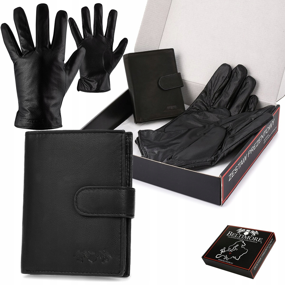 Pánská kožená sada vertikálních peněženek s černými rukavicemi Beltimore T91
