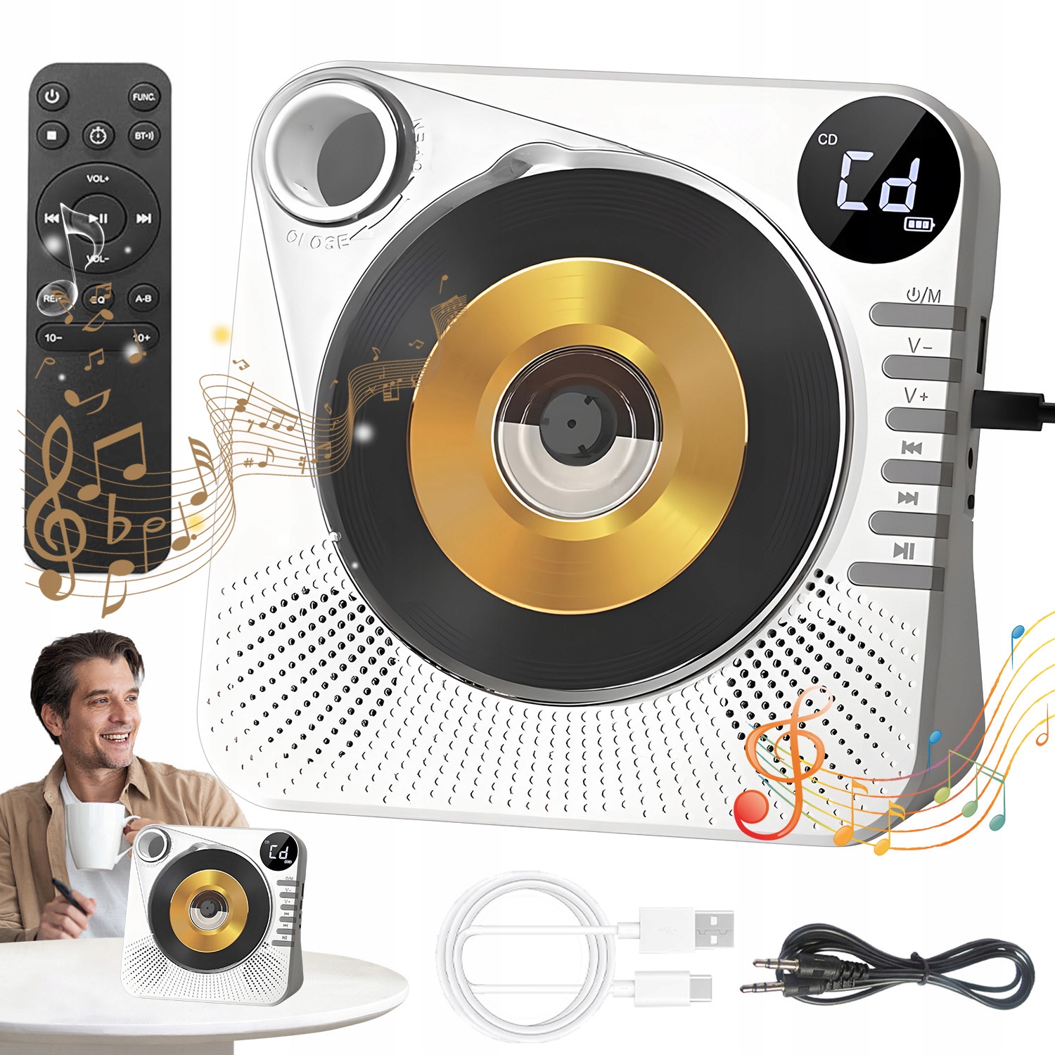 Przenośny Odtwarzacz CD Głośnik Bluetooth CD MP3 Wma LCD Biały