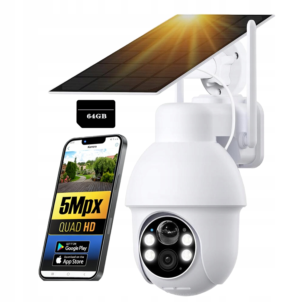 Wifi Solární Kamera 5MPX Venkovní Otočná Ip Bezdrátová S 64GB kartou