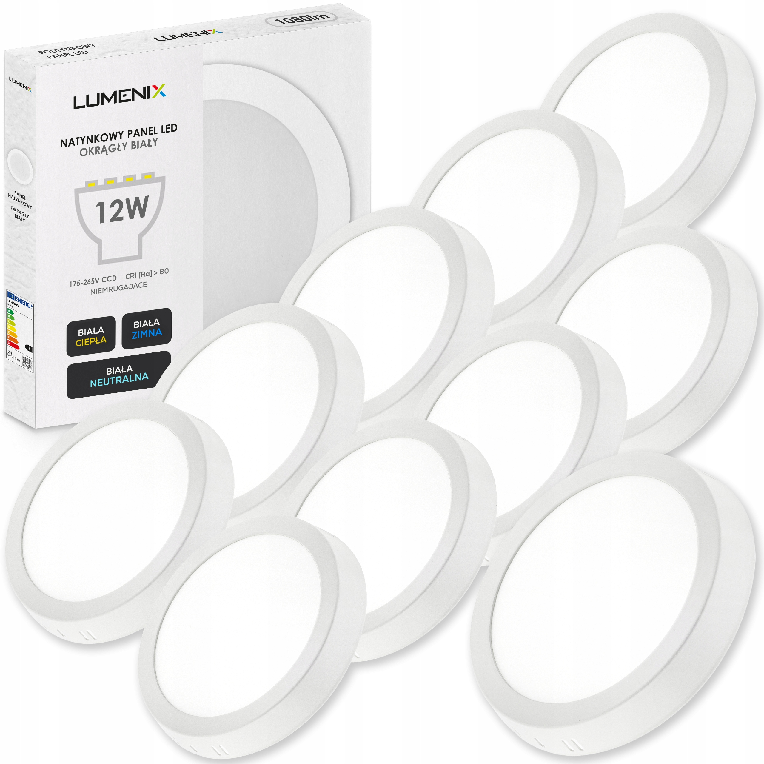 10x Panel plafon sufitowy Led Natynkowy Okrągły 12W 1080lm Nie mruga CCD