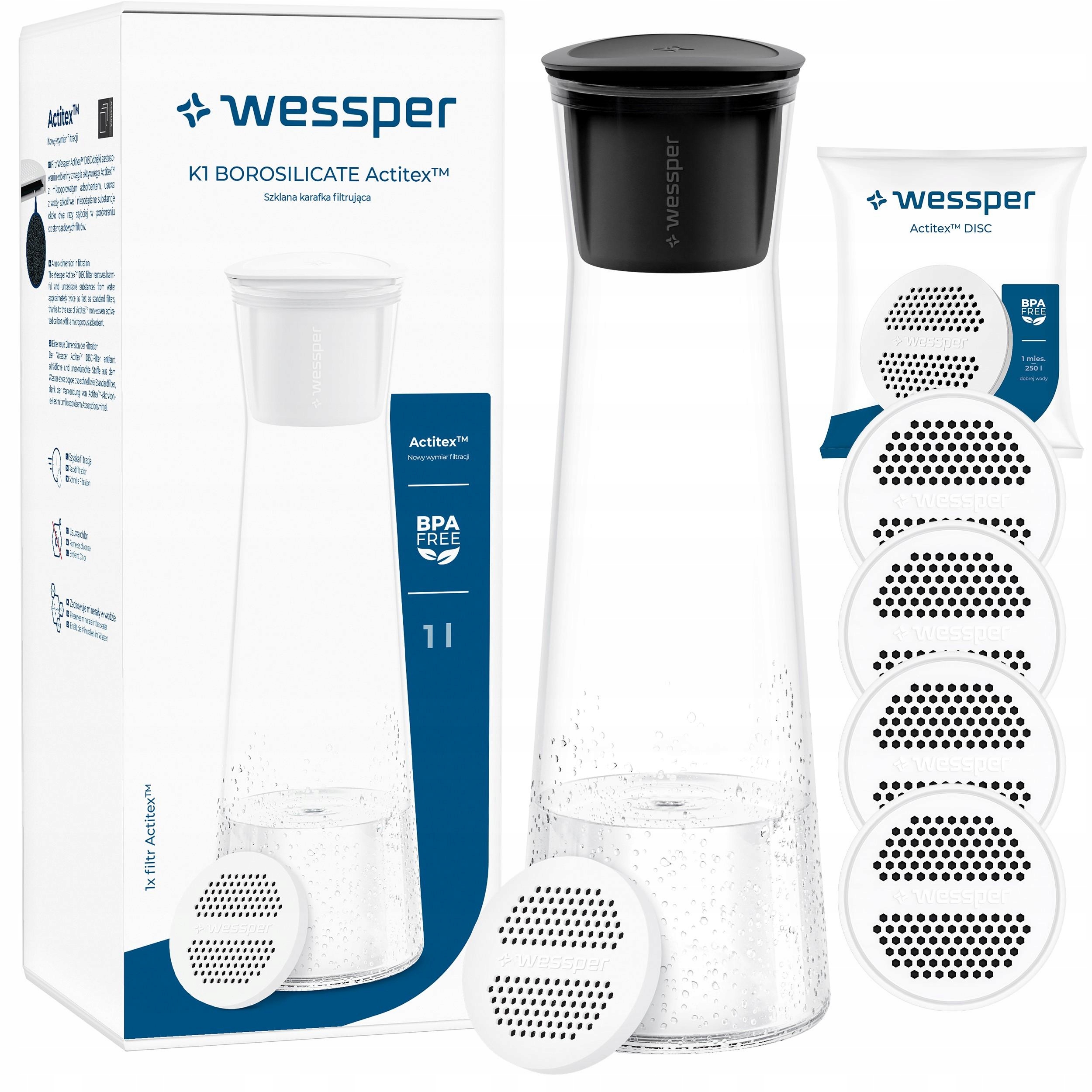 Skleněná filtrační karafa Wessper K1 Boroscilicate 1L 5x vodní filtr
