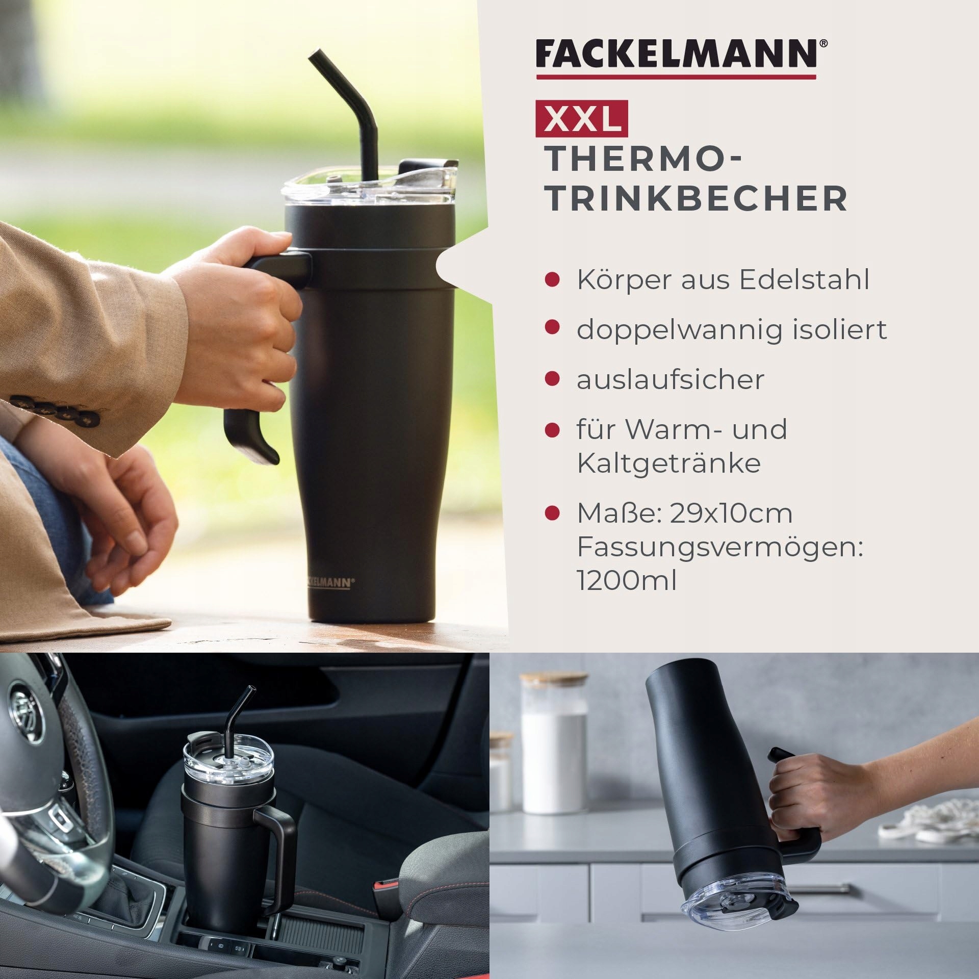 FACKELMANN Kubek Termiczny XXL 1,2L Czarny Stal Nierdzewna Podróżny — miniatura 3