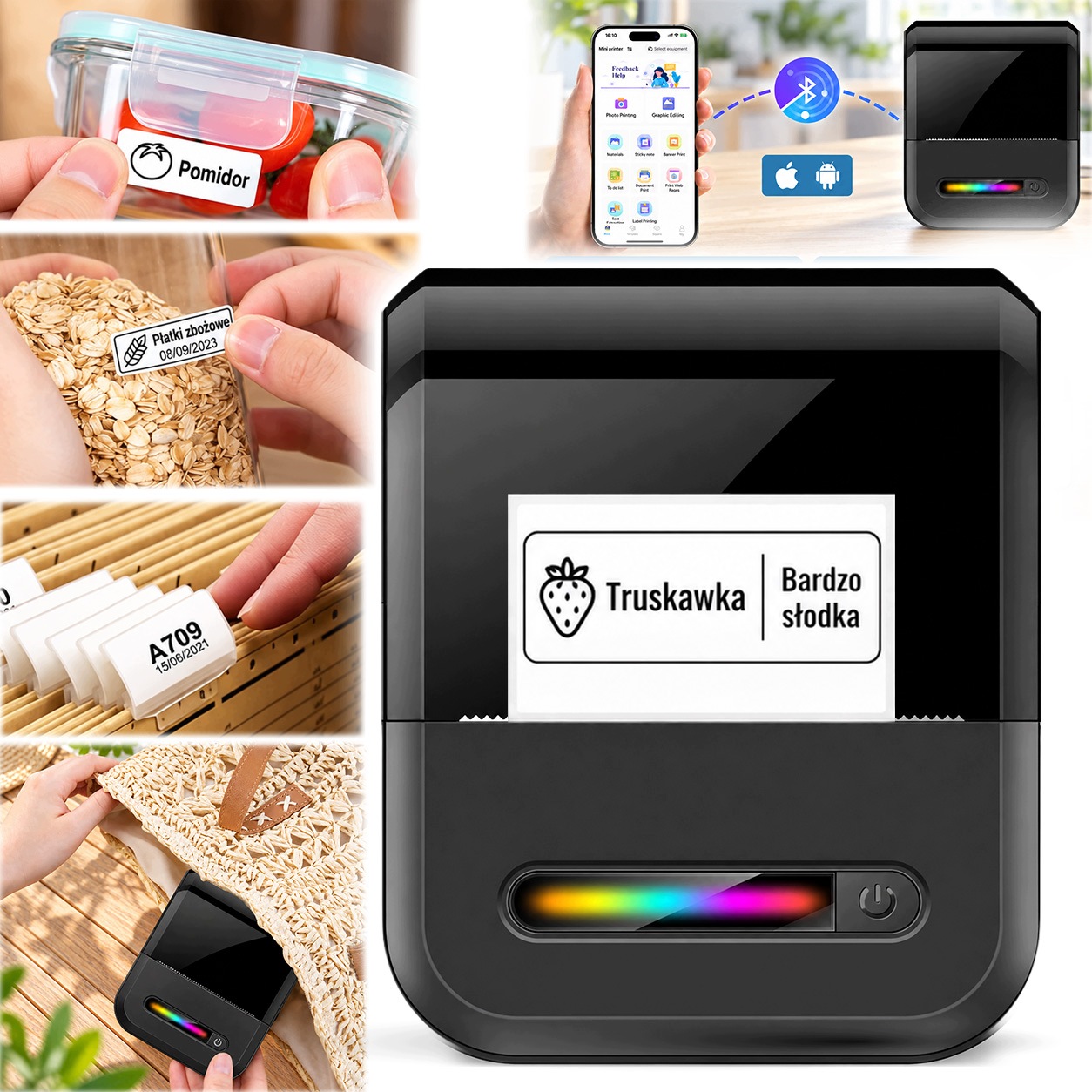 Drukarka termiczna etykiet samoprzylepnych naklejek aplikacja Bluetooth Usb